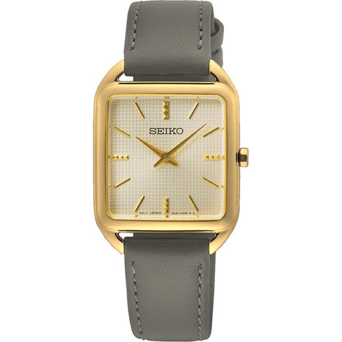 SEIKOSeiko SWR090P1 Women's Quartz Watch, Beige Dial, Gold - Tone Case, Grey Leather StrapWATCHESEcecile