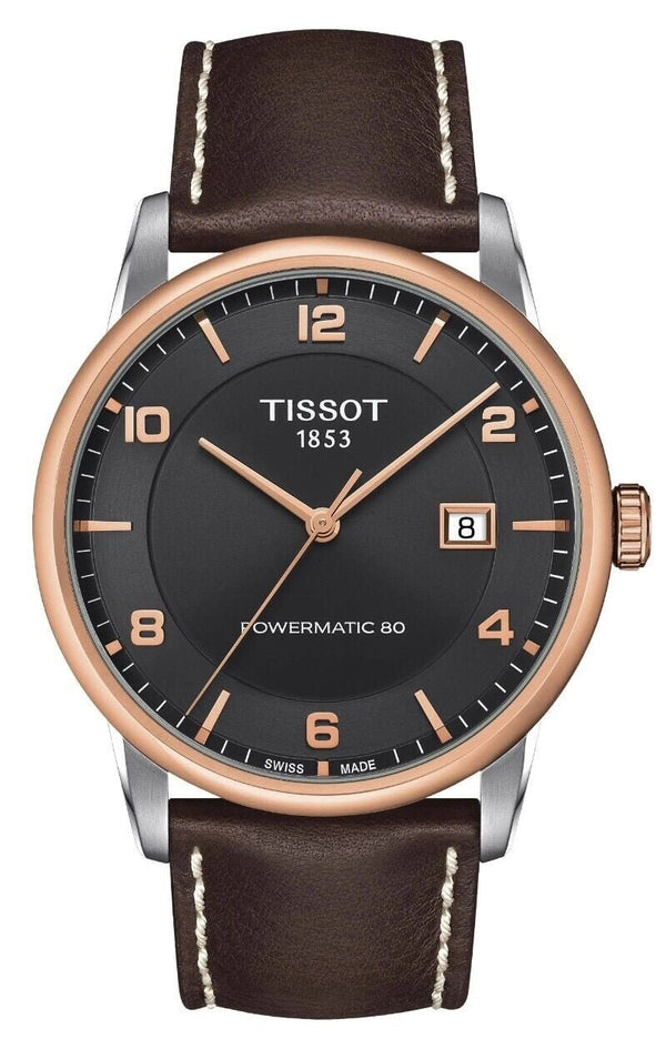 TISSOTTissot Luxury Automatic Men's Watch - Anthracite Dial, Rose Gold PVD Bezel, Brown Leather StrapWATCHESEcecile