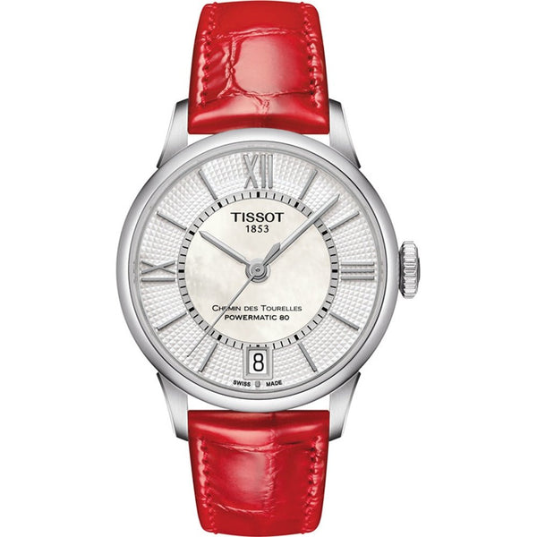 TISSOTTissot Chemin des Tourelles Powermatic 80 Lady Watch - Mother - of - Pearl Dial, Red Leather StrapWATCHESEcecile