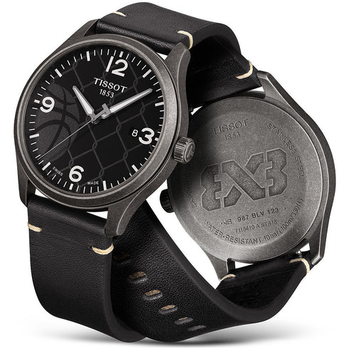 TISSOTTissot Gent XL 3x3 Street Basketball Men's Watch - Black Dial, Antique Steel PVD Case, Black Leather StrapWATCHESEcecile