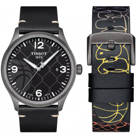 TISSOTTissot Gent XL 3x3 Street Basketball Men's Watch - Black Dial, Antique Steel PVD Case, Black Leather StrapWATCHESEcecile