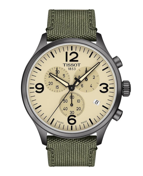 TISSOTTissot Chrono XL Men's Watch - Beige Dial, Grey PVD Case, Green Fabric StrapWATCHESEcecile