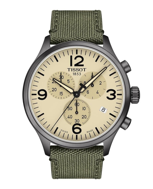 TISSOTTissot Chrono XL Men's Watch - Beige Dial, Grey PVD Case, Green Fabric StrapWATCHESEcecile