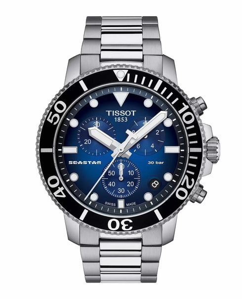 TISSOTTissot Seastar 1000 Chronograph T120.417.11.041.01 Men's 45.5mm Quartz Watch – Gradient Blue Dial, Stainless Steel Bracelet, 300m Water ResistanceWATCHESEcecile