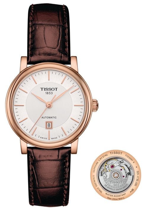 TISSOTTissot Carson Premium Automatic Lady Women's Watch - Silver Dial, Rose Gold PVD Case, Brown Leather StrapWATCHESEcecile