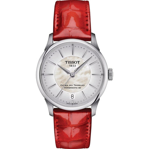 TISSOTTissot Chemin des Tourelles Powermatic 80 Women's Watch T1392071611100 - 34mm, Mother - of - Pearl Dial, Red Leather StrapWATCHESEcecile