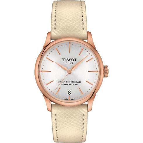 TISSOTTissot Chemin des Tourelles Powermatic 80 Women's Watch T1392073603100 - 34mm Rose Gold PVD Case, Silver Dial, Cream Leather StrapWATCHESEcecile