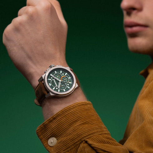 TIMBERLANDTimberland TDWGB0056001 Fast Strike Men's Chronograph Watch – 46mm Stainless Steel Case, Green Dial, Brown Leather Strap, 5 ATM Water ResistanceWATCHESEcecile