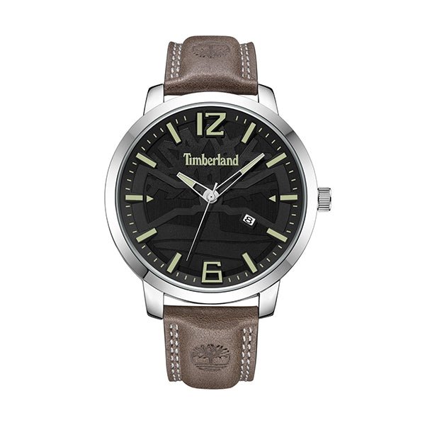 TIMBERLANDTimberland TDWGB2132401 Clarksville Men's Watch – 48mm Silver Stainless Steel Case, Black Dial, Brown Leather Strap, Date Display, Quartz Movement, 5 ATM Water ResistanceWATCHESEcecile