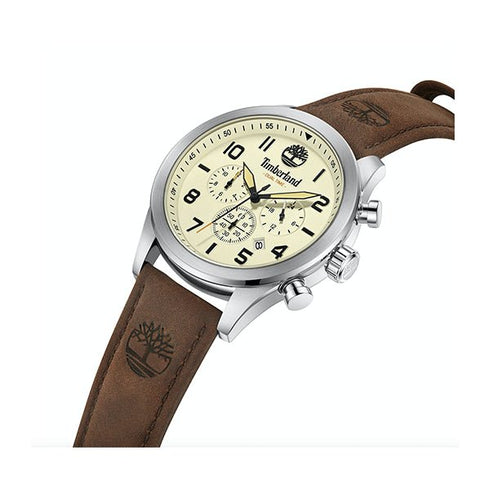 TIMBERLANDTimberland TDWGF0009703 Ashmont Dual Time Chronograph Men's Watch – 46mm Silver Stainless Steel Case, Beige Dial, Brown Leather Strap, Quartz Movement, 5 ATM Water ResistanceWATCHESEcecile