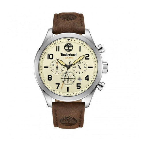 TIMBERLANDTimberland TDWGF0009703 Ashmont Dual Time Chronograph Men's Watch – 46mm Silver Stainless Steel Case, Beige Dial, Brown Leather Strap, Quartz Movement, 5 ATM Water ResistanceWATCHESEcecile