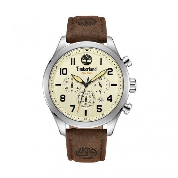 TIMBERLANDTimberland TDWGF0009703 Ashmont Dual Time Chronograph Men's Watch – 46mm Silver Stainless Steel Case, Beige Dial, Brown Leather Strap, Quartz Movement, 5 ATM Water ResistanceWATCHESEcecile