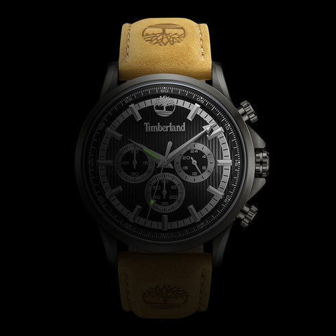 TIMBERLANDTimberland Bernardston Men's Dual - Time Chronograph Watch TDWGF0054603 – Black Stainless Steel Case, Black Dial, Brown Leather StrapWATCHESEcecile
