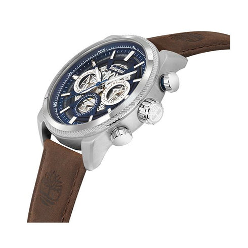 TIMBERLANDTimberland TDWGF2200703 Hadlock Men's Watch – 46mm Silver Stainless Steel Case, Blue Dial, Brown Leather Strap, Multifunction Quartz, 5 ATM Water ResistanceWATCHESEcecile