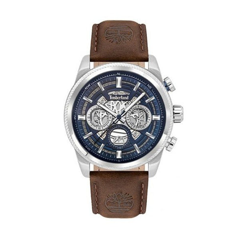 TIMBERLANDTimberland TDWGF2200703 Hadlock Men's Watch – 46mm Silver Stainless Steel Case, Blue Dial, Brown Leather Strap, Multifunction Quartz, 5 ATM Water ResistanceWATCHESEcecile
