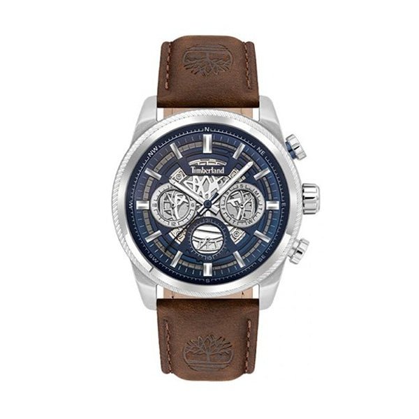 TIMBERLANDTimberland TDWGF2200703 Hadlock Men's Watch – 46mm Silver Stainless Steel Case, Blue Dial, Brown Leather Strap, Multifunction Quartz, 5 ATM Water ResistanceWATCHESEcecile