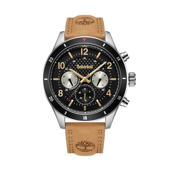 TIMBERLANDTimberland Hooksett TDWGF2201002 Men's 46mm Black Dial Quartz Watch, Brown Leather StrapWATCHESEcecile