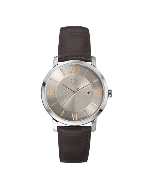 GUESSGc X60016G1S Men's Slim Watch – Silver Case, Beige Dial, Brown Leather StrapWATCHESEcecile