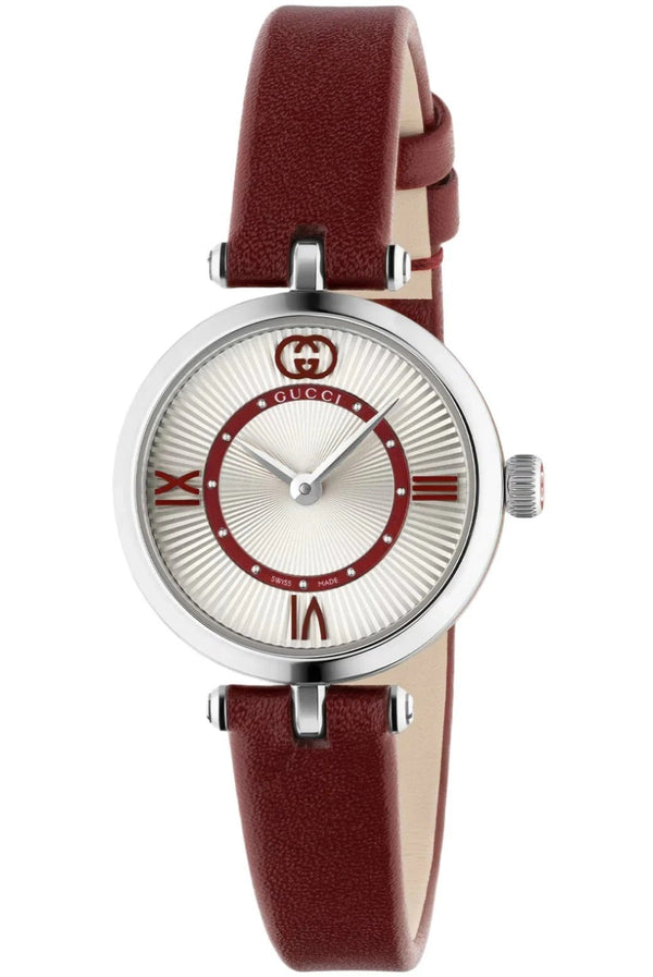 GUCCIGucci YA167504 Model 2000 24mm Women's Quartz Watch - Silver Dial, Red Leather StrapWATCHESEcecile