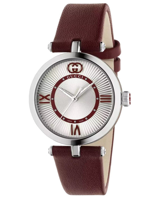 GUCCIGucci Model 2000 YA167508 30mm Women's Quartz Watch - Silver Guilloché Dial, Red Leather StrapWATCHESEcecile