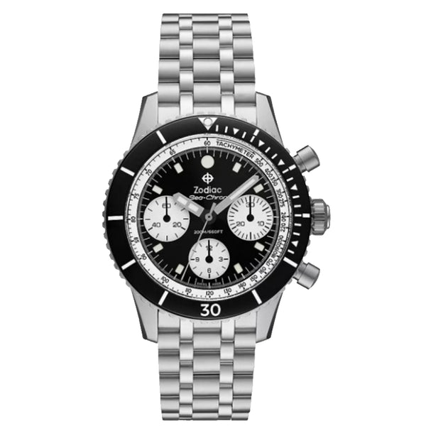 ZODIACZodiac Sea - Chron ZO3604 Men's Automatic Chronograph Watch - Black Dial, Stainless Steel BraceletWATCHESEcecile