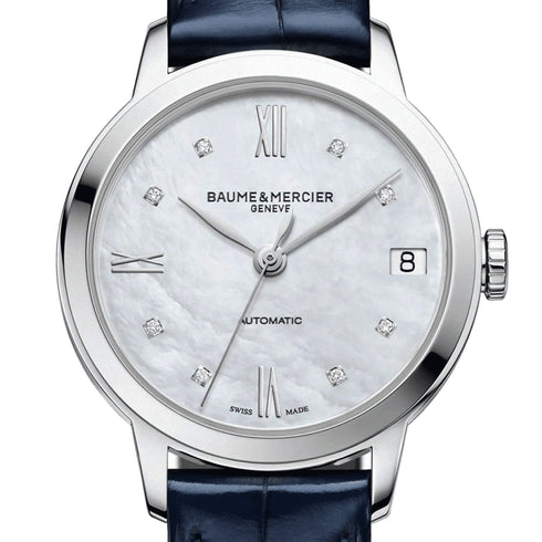 Baume & Mercier Classima 10545 Reloj Automático Mujer - 31mm Esfera Nacarada, Marcadores Diamante, Correa Aligátor Azul