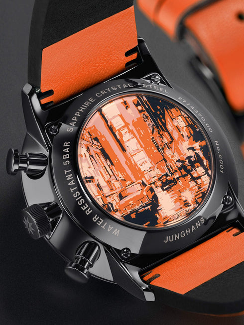 JUNGHANSJunghans FORM A Chronoscope 027/4370.01 Men's Watch - 42mm Black Dial, Orange Leather StrapWATCHESEcecile