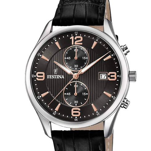 Festina F6855/7 Timeless Chronograph Men's Watch – Black Dial, Leather Strap