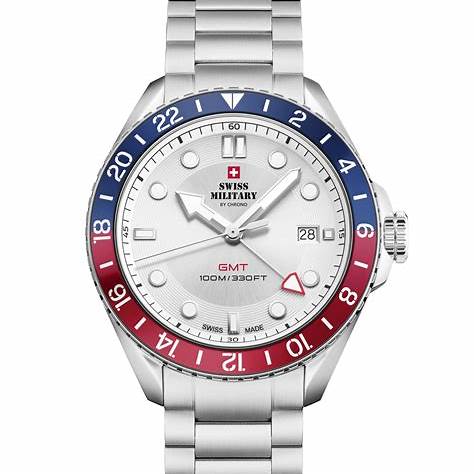 SWISS MILITARYSwiss Military SM34095.02 Men's GMT Quartz Watch - Stainless Steel with Silver DialWATCHESEcecile
