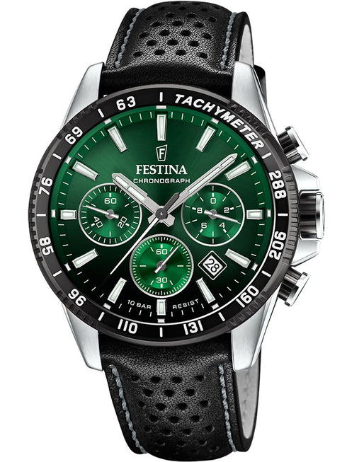 FESTINAFestina F20561/5 Timeless Chronograph Men's Watch – Green Dial, Black Leather Strap, 45mmWATCHESEcecile