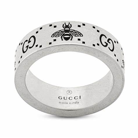 Gucci Signature Sterling Silver 6mm GG Bee Motif Ring - Size 6