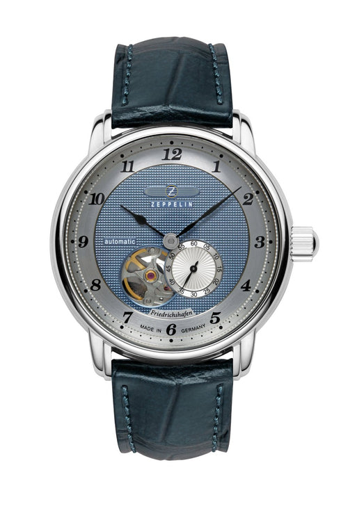 Zeppelin Friedrichshafen Reloj Automático Open Heart 8566-3 Hombre - Esfera azul, correa de piel azul