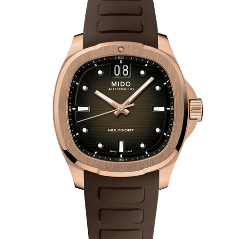 Mido Multifort TV Big Date Men's Automatic Watch – Rose Gold PVD Case, Brown Gradient Dial, Brown Rubber Strap