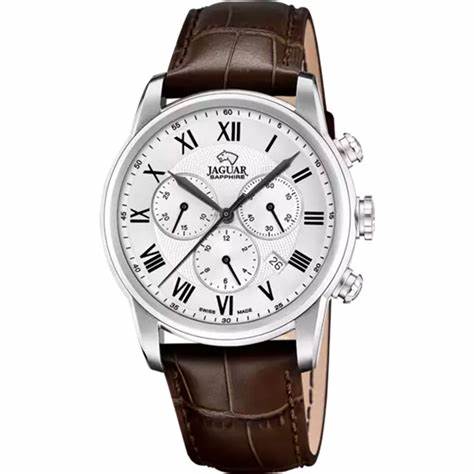 JAGUARJaguar Acamar J968/5 Men's Chronograph Watch – Stainless Steel Case, Silver Dial, Brown Leather StrapWATCHESEcecile
