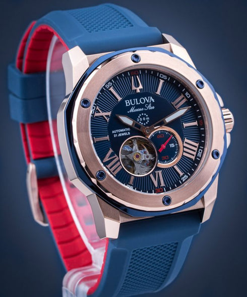 Bulova Marine Star 98A227 Orologio automatico da uomo - Quadrante blu, cassa in oro rosa
