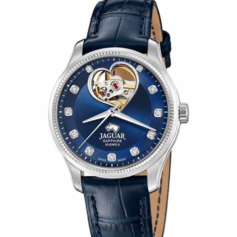 Jaguar Classic Open Heart Automatic J994/B Damenuhr - Edelstahlgehäuse, blaues Zifferblatt, Lederarmband