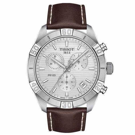 Tissot PR 100 Sport Gent Chronograph Men's Watch - Silver Dial, Brown Leather Strap