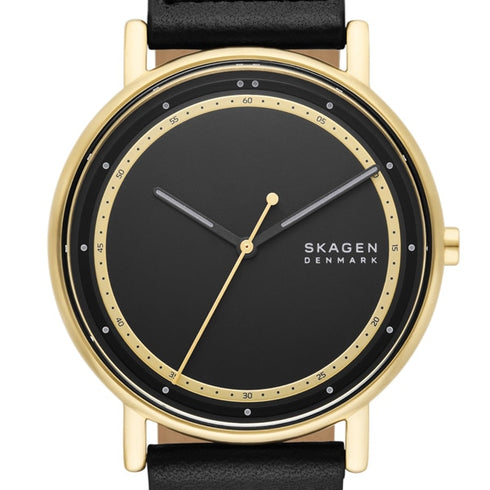 Skagen Signatur SKW6897 Herrenuhr - 40mm Goldgehäuse, schwarzes Zifferblatt, Lederarmband