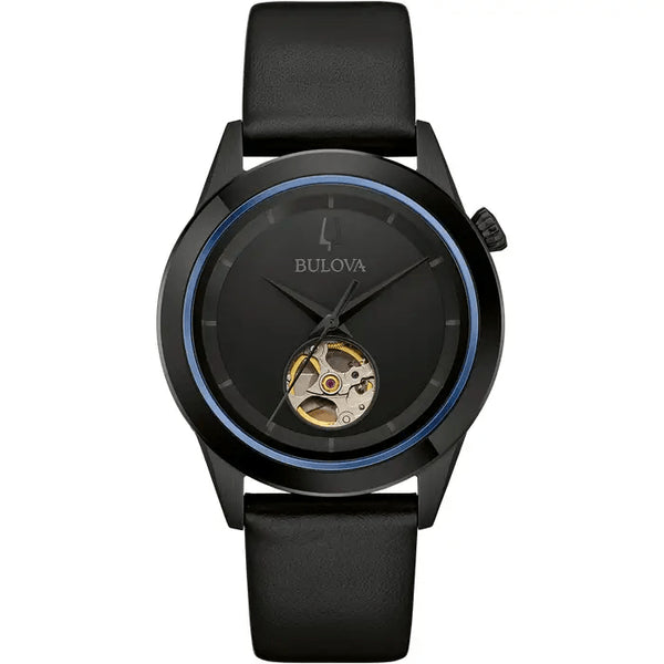 BULOVABulova 98A323 Men's Automatic Watch – Black PVD Case, Open Heart Dial, Leather StrapWATCHESEcecile