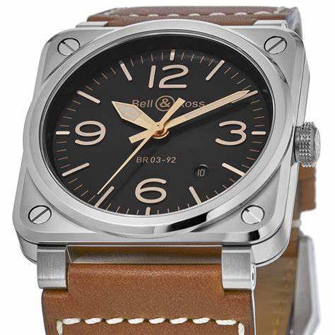 Bell & Ross BR 03-92 Golden Heritage BR0392-GH-ST/SCA - 42 mm, schwarzes Zifferblatt, braunes Lederarmband