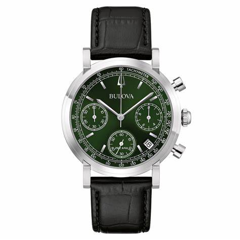 Bulova Classic 96B457 Reloj Cronógrafo Hombre - Esfera Verde, Correa Piel Negra