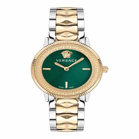 Versace V-Tribute VE2P00522 Women's Swiss Quartz Watch - Two-Tone Stainless Steel Bracelet, Green Guilloché Dial, 36mm