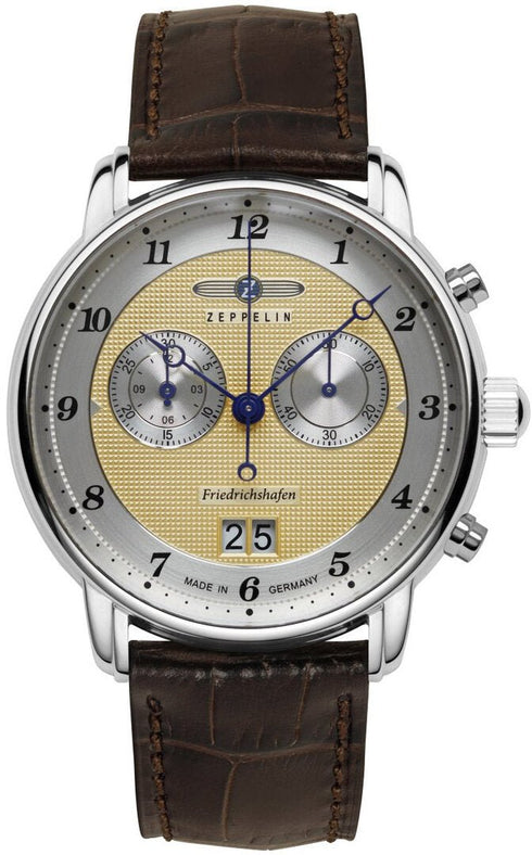 ZEPPELINZeppelin 8584 - 5 Friedrichshafen Men's Quartz Chronograph – Gold Guilloché Dial, Brown Leather StrapWATCHESEcecile