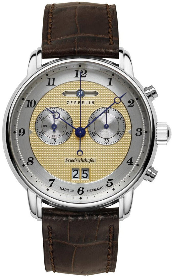 ZEPPELINZeppelin 8584 - 5 Friedrichshafen Men's Quartz Chronograph – Gold Guilloché Dial, Brown Leather StrapWATCHESEcecile