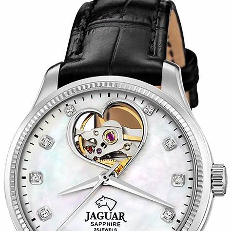 Jaguar Classic Open Heart Automatic J994/A Damenuhr - Edelstahlgehäuse, Perlmutt-Zifferblatt, schwarzes Lederarmband