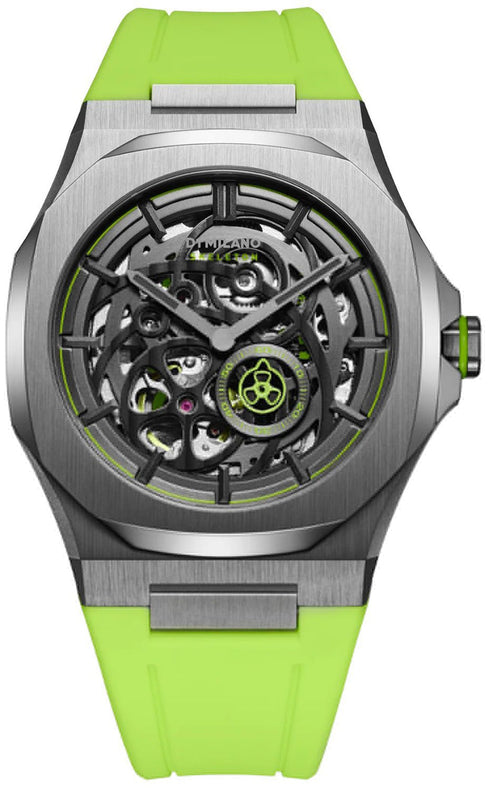 D1 MILANOD1 Milano Skeleton Rubber Slice Lime D1 - SKRJ15 Men's Watch - Gunmetal Stainless Steel, Lime Rubber Strap, 41.5mmWATCHESEcecile