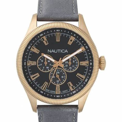 NAUTICA: Nautica NAPSTB003 Men's Quartz Watch - Black Dial, Grey Leather StrapWATCHESEcecile
