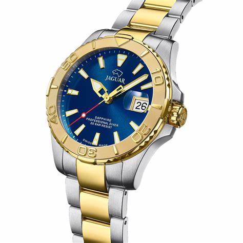 Reloj de buceo Jaguar J970/2 para hombre - Esfera azul, brazalete bicolor de acero inoxidable