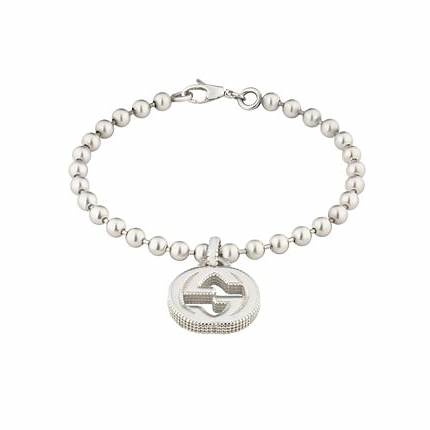 Gucci Pulsera de cuentas entrelazadas G de plata de ley - Tamaño 18cm