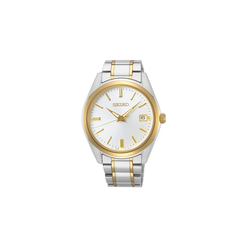Reloj de cuarzo Seiko SUR312P1 para hombre: acero bicolor, esfera blanca y zafiro.